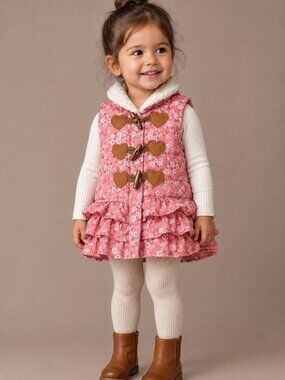 Nannette Baby Girls 0-3M Pink Floral Sherpa Ruffle Puffer Vest Cottagecore